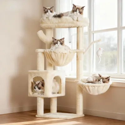 Image de Arbre à chat de 100 cm, avec 2 hamacs, une grande plateforme, idéal pour les chats joueurs