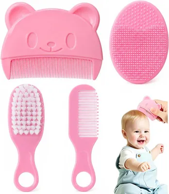 Productafbeelding van Set van 4 babykammen en borstels, met een zachte siliconenborstel, geschikt voor de gevoelige huid, voor de verzorging van haar en hoofdhuid