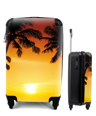 Produktbild von MuchoWow® Koffer Handgepäck Trolley Rollkoffer Kleine Reisekoffer mit 4 Rollen - Palme - Sonnenuntergang - Strand - Orange - Tropisch - Cabin Size < 55x40x23 cm & 55x40x20 cm - Fotokoffer - Kabinenkoffer - Boardgepäck - Reise-Box - Reisekoffer - Reisegepäck - Koffer mit Bild - Trolley für Kinder