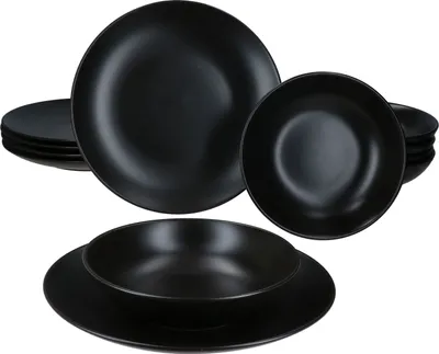 A set of black ceramic plates and bowls are arranged on a white background.
