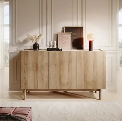 Produktbild von Kommode BOHO 144 cm 83 mit 3 Türen Sideboard Eiche Riviera /Bianco Marmor
