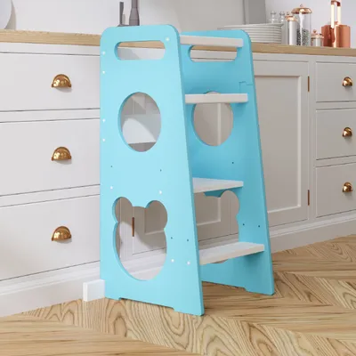 Produktbild von Lernturm für Kinder, Neues Modell - Teddybär, Learning Tower aus Holz, Montessori Küchenhelfer, Lernturm ab 1 Jahr, Blau