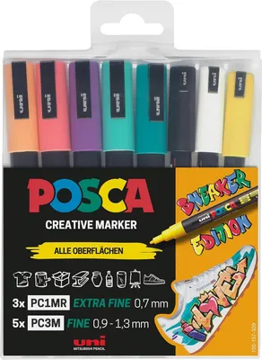 Zdjęcie produktu dla uni-ball 186827 uni-ball POSCA Sneaker weiß Acrylstift farbsortiert 0,9 - 1,3 mm, 8 St.