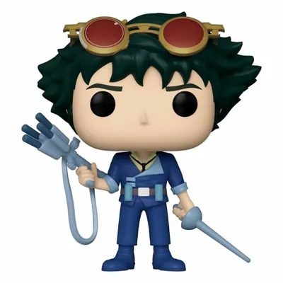 A Funko Pop figure of Spike Spiegel from Cowboy Bebop, holding a weapon and a sword.