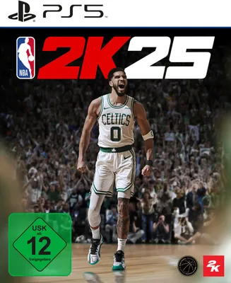 A basketball player in a green and white uniform is shown from the waist down, with a blurred crowd in the background. The game title 'NBA 2K25' is prominently displayed at the top.