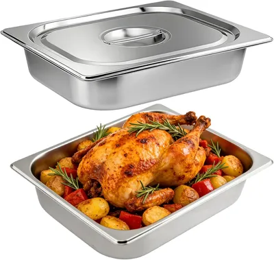 Imagen del producto de Conjunto de recipientes GN 1/2, de 2 piezas, 32,5 x 26,5 cm, de acero inoxidable, con tapa, para uso en hostelería