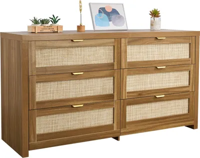 Obrázek produktu pro Ratanová komoda – skříňka se zásuvkami – 6 zásuvek – kovové úchytky – rozměry 144,5 x 45 x 79,5 cm – do ložnice, obývacího pokoje, chodby – moderní design – ořech