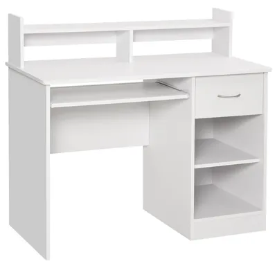 Produktbild von Kompakter Computertisch, wei?er, feststehender PC-Tisch aus Holz mit ausziehbarer Tastaturablage und Regalen, 104 x 48 x 95,5 cm