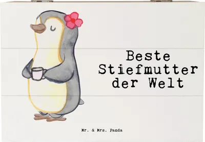 Produktbild von Mr. & Mrs. Panda Schatulle Pinguin Beste Stiefmutter der Welt 22 x 15 cm - Weiß - Geschenk, Geschenkidee, Dankeschön, Muttertag, Truhe, Aufbewahrungsbox Holz, mit deckel