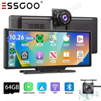 Zdjęcie produktu dla Lusterko wsteczne z monitorem, kamera samochodowa, Apple CarPlay, Android Auto, 10-calowy ekran dotykowy, przednia kamera 4K, tylna kamera 1080P, noktowizor, monitorowanie parkowania, 64GB