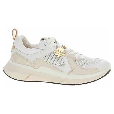 A side view of a single white and beige sneaker with gold accents.