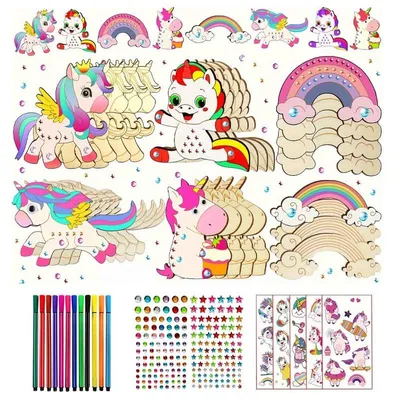 Produktbild von Holz Bemalen Set Kinder Einhorn - 24 Teile Bastelset - DIY Holzfiguren mit Stiften