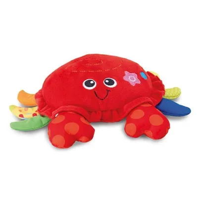 A red plush crab toy with colorful legs and orange polka dots.