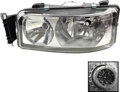 A single headlight for a truck is displayed against a white background. A close-up inset shows the connector of the headlight.