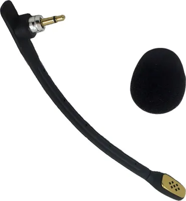 A black microphone with a gold connector and a black foam windscreen on a white background.