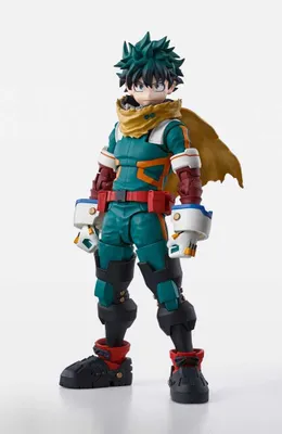 A full-body shot of an action figure of Izuku Midoriya from My Hero Academia.