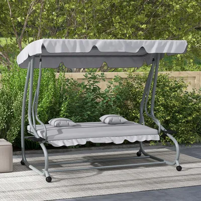 Produktbild von Hollywoodschaukel 2-in-1 mit Liegefunktion, Gartenschaukel Stahl Polyestergewebe, Hellgrau | 200x120x164 cm | bis 340 kg | klappbare Seitentische