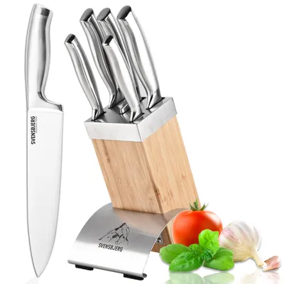Produktbild von SVENSBJERG Messerblock mit Küchenmesser Set, 5 Scharfe Küchenmesser, Kochmesser Edelstahl, Koch Messerset Profi, moderner Messerblock aus Bambus