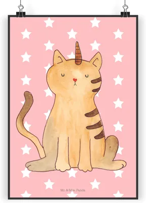 Produktbild von Mr. & Mrs. Panda Bild Einhorn Katze DIN A4 - Rot Pastell - Geschenk, Wandbild, Unicorn, Deko, Glitzer, Kunstdruck, drucke, Regenbogen, Mieze, Poster
