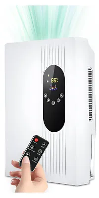A hand holds a remote control in front of a white dehumidifier and air purifier.