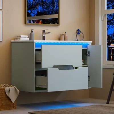 Immagine prodotto di Mobile da bagno sospeso, con lavabo in Vetroceramica, illuminazione a LED, ripiani regolabili, senza rubinetto, contenitore per lavabo, armadietto, colore verde