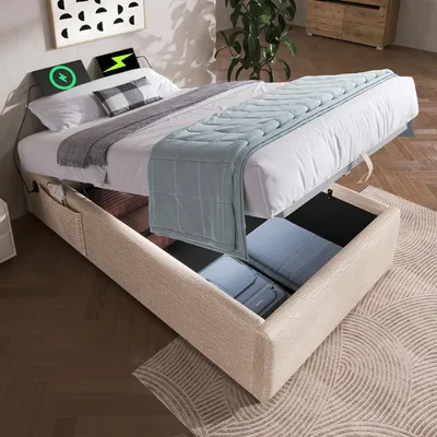 Produktbild von Polsterbett 90x200 cm Stauraumbett mit USB/USB-C Ladefunktion, Leinen-Bettgestell ohne Kopfteil, Massivholz-Bodenplatte, Natürlich, Platzsparend