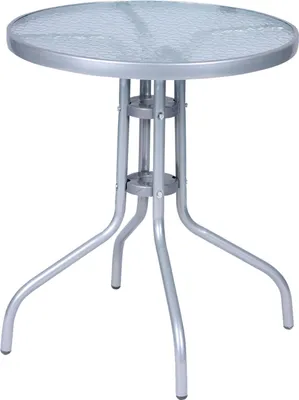 A silver metal and glass round bistro table with three legs, shown against a white background.