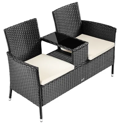 Immagine prodotto di Divano da Giardino 2 Sedute Divise da Tavolino con Ripiano Vetro in Polyrattan Nero