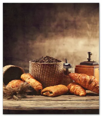Produktbild von Wallario Herdabdeckplatte aus Glas, Größe 52 x 60 cm 1-teilig, Motiv Französisches Frühstück mit Café und Croissants