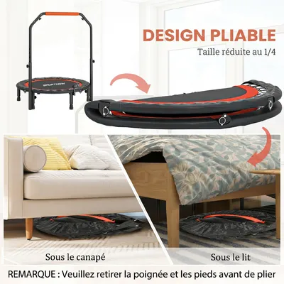 Image de Trampoline de fitness pour adultes - Trampoline de gymnastique - Poignée réglable - Pliable - 28 ressorts - Diamètre 102 cm - Noir/Rouge