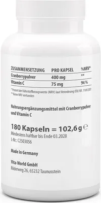 Image de Vitaworld Cranberry Plus C 400 mg | 180 gélules | 400 mg de cranberry par gélule | végétalien