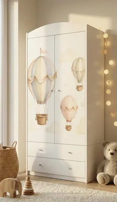 Produktbild von 2-türiger Kinderzimmer Kleiderschrank Weiß mit buntem Motiv, Babyzimmer Schrank inkl. Schubladen, 88x187x54 cm