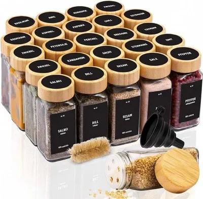 Produktbild von Famanu Gläserne Kräuterbehälter Set von 24 – Mit Schraubdeckel – Inklusive Etiketten, Trichter, Bürste und Stift – 120 ml
