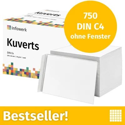 Produktbild von Infowerk Briefumschläge ohne Fenster, DIN C4, unbedruckt, 750 Stück