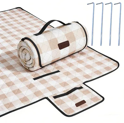 Immagine prodotto di Coperta da picnic impermeabile, motivo a quadretti, colore beige chiaro, dimensioni 203 x 203 cm, pieghevole
