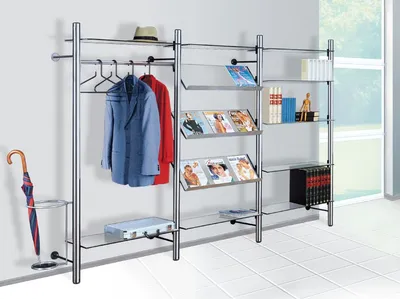 Produktbild von Design Garderobensystem Arte II mit Prospekt- und Regalelementen Edelstahl und Glas ohne Schirmhalter-ohne Kleiderbügel
