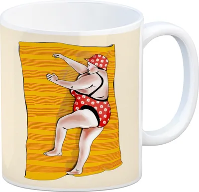 Produktbild von Kaffeebecher Urlaub ist, wenn man viel isst mit Strandmotiv und Spruch zum