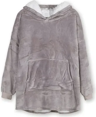 A grey hooded blanket with a white fuzzy lining and a large front pocket, laid flat against a white background.