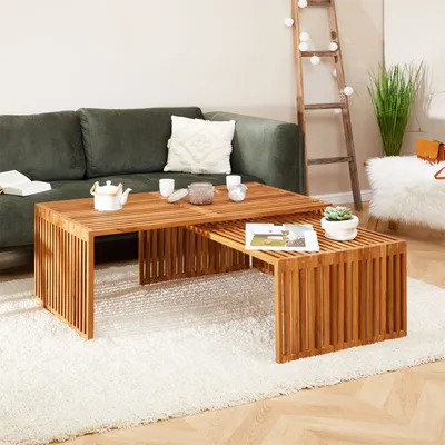 Produktbild von Couchtisch HAVANA aus Teak Natur Rustikales Design Massivholztisch Lamellenoptik Couchtisch aus Holz