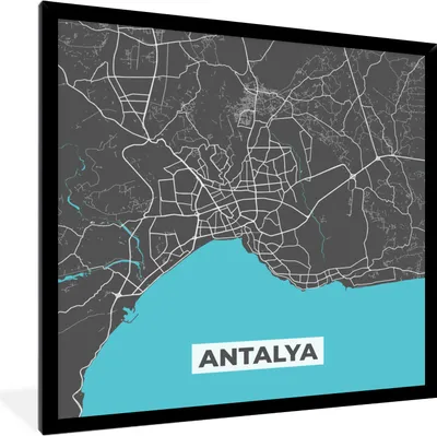 Produktbild von MuchoWow® Gerahmtes Poster Antalya - Stadtplan - Blau - Karte 40x40 cm - Poster mit Schwarzem Bilderrahmen Wandposter Rahmen Foto Bilder - Mit Rahmen - Wanddekoration Schlafzimmer