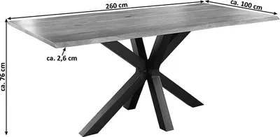 Produktbild von Baumkantentisch 260 x 100 cm Spyro, Akazienholz naturfarben & massiv, Esszimmertisch mit mattschwarzem Spider-Metallgestell, Platte 26 mm