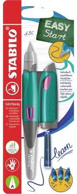 Zdjęcie produktu dla Ergonomiczne szkolne pióro wieczne dla osób praworęcznych - STABILO EASYbirdy - wraz z nabojami z turkusową/neonową stalówką A