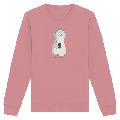 Produktbild von Mr. & Mrs. Panda Bio Pullover Pinguin Musik hören Größe S - Canyon Pink - Geschenk, Sweatshirt, Sweater, Rundhals, Pulli, Baumwoll, Lieblingssong