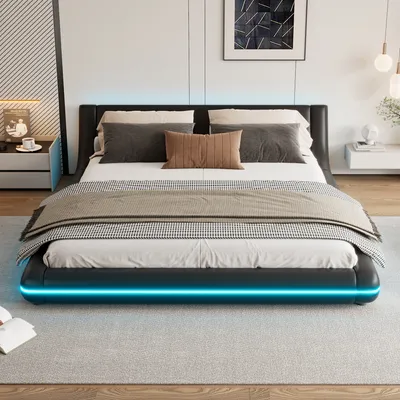 Produktbild von okwish Polsterbett Doppelbett 160 x 200 cm mit LED-Umgebungslicht, Funktionelles Flachbett Bodenbett(Ohne Matratze)-weiß
