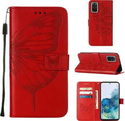 Produktbild von Galaxy S20 Plus Hülle, Schmetterling Prägung Flip Leder Kartenfächer Schutzhülle Ledertasche mit Ständer für Samsung Galaxy S20 Plus Rot
