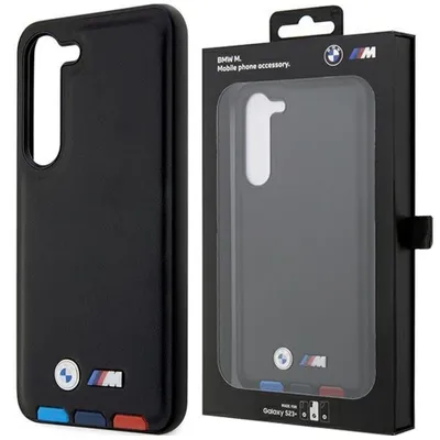 A black phone case and its packaging are displayed side-by-side against a white background.
