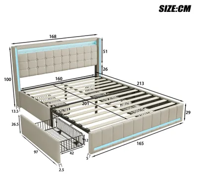 Obrázek produktu pro Postel s čalouněnou konstrukcí 160x200 cm - manželská postel s úložným prostorem - čelo postele s LED osvětlením a USB porty - rošt - lněná tkanina - béžová barva