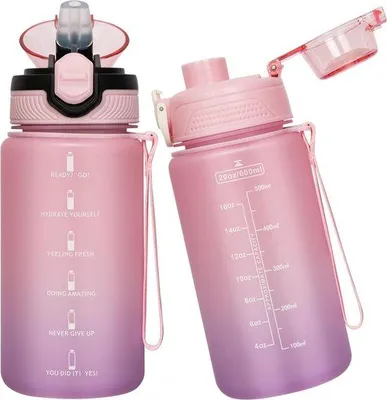Immagine prodotto di Borraccia sportiva da 0,6 l con cannuccia e indicatori di tempo, 600 ml