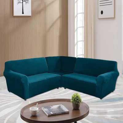 Obrázek produktu pro Topchances Velvet Sofa Cover L Shape 5 Seater Corner Sofa Cover 3 Piece Stretch Sofa Cover for L Shaped Sofa Furniture Thick Soft Washable Corner Sofa Cover, Dark Green