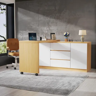 A modern home office setup with a desk and storage unit.